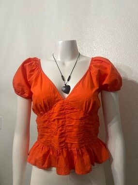 Women's Orange Puff Sleeve Ruched Peplum Blouse